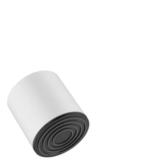 Runde Kopfbrause in Mattweiß mit einem schwarzen, runden Sprühkopf und einem glatten, weißen Gehäuse, abgebildet auf neutralem Hintergrund. Produkt von Hansgrohe.